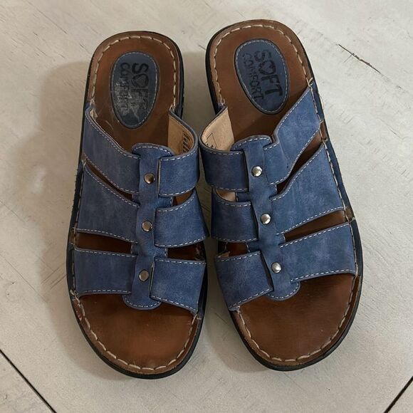 Denim Blue Slip On Sandals - Picture 1 of 9